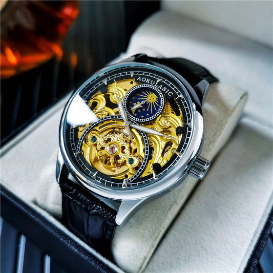 Excellence Vintage Tourbillon Mechanical Watches Luxury Brand Moon Phase Gold Skeleton Automatic Watch for Men Leather Strap