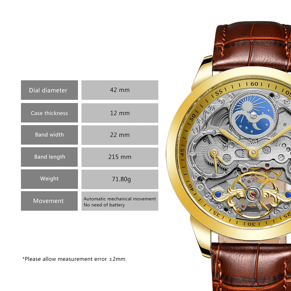 Excellence Moon Phase Skeleton Automatic Watch for Men Luxury Brand Tourbillon Gold Mechanical Watches Brown Leather Strap