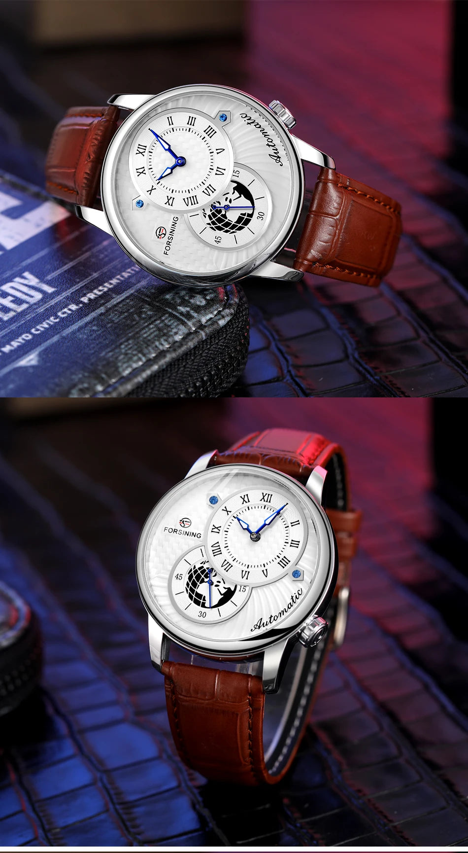 Excellence Earth Image Two Dial Automatic Self-Wind Mechanical Watch Fashion Men watch Waterproof Mesh strap