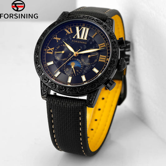 Excellence Design New Men Watches Top Luxury Automatic Mechanical Moon Phase Auto Date Leather Wrist watch Waterproof watch