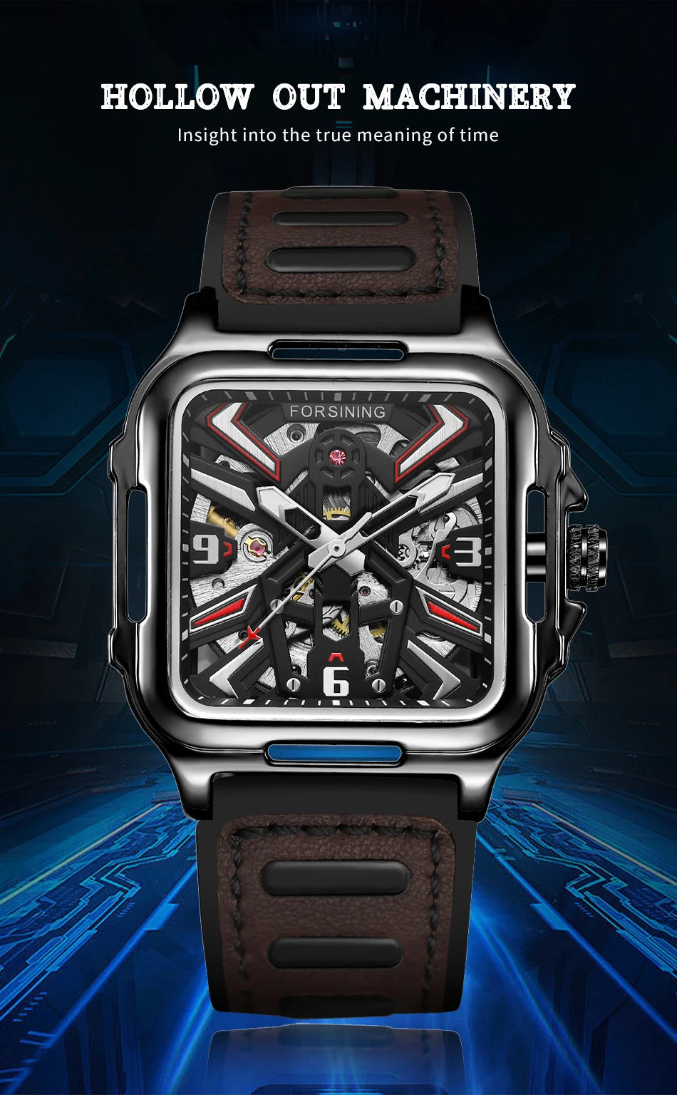 Excellence Original Square Skeleton Mechanical Men Watch Automatic Movement Clock Field Sport Rubber Band Luxury Replica Watches