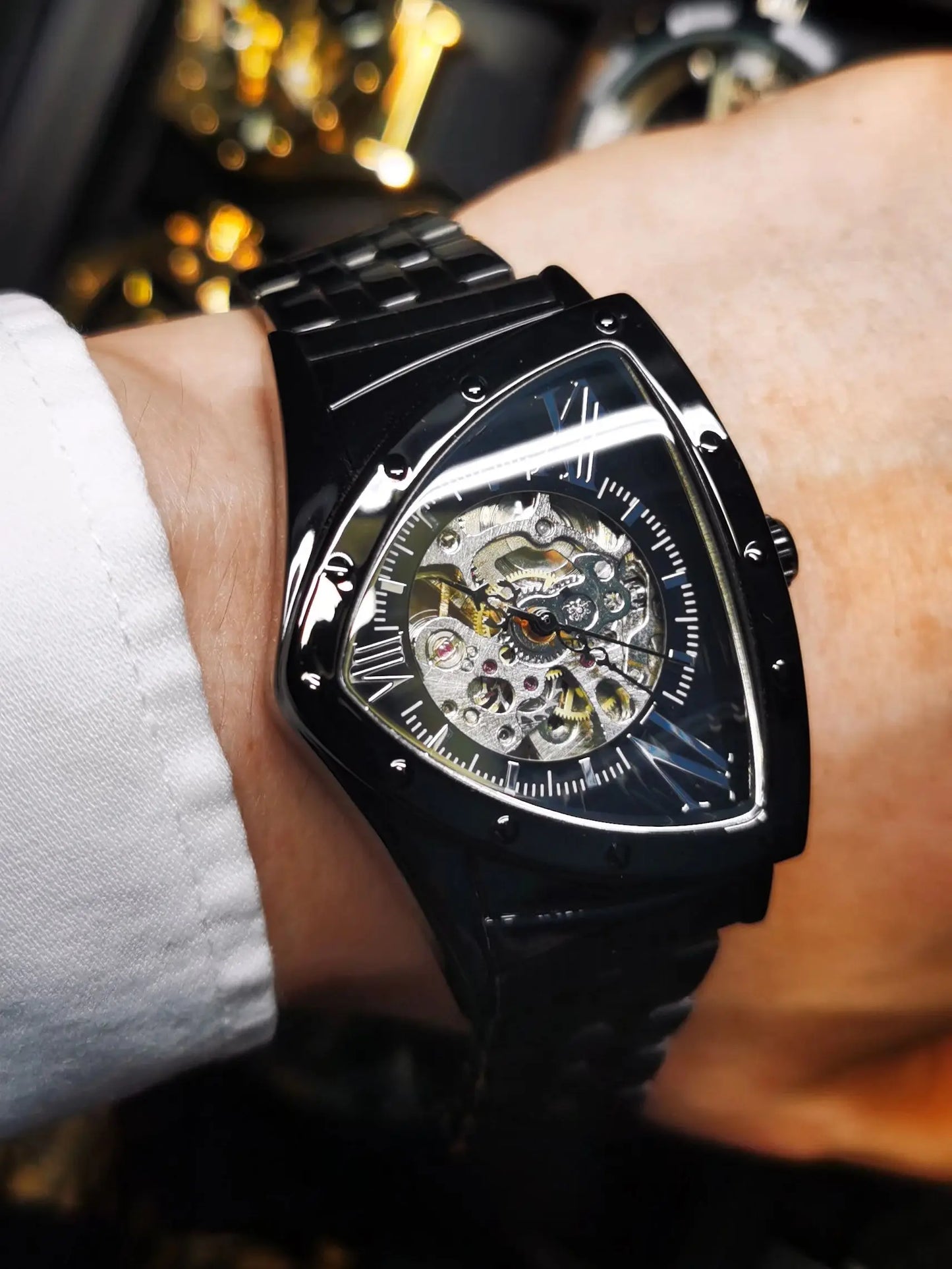 Excellence Military Triangle Skeleton Automatic Watch for Men Luxury Brand Stainless Steel Strap Fashion Sports Mechanical Watch