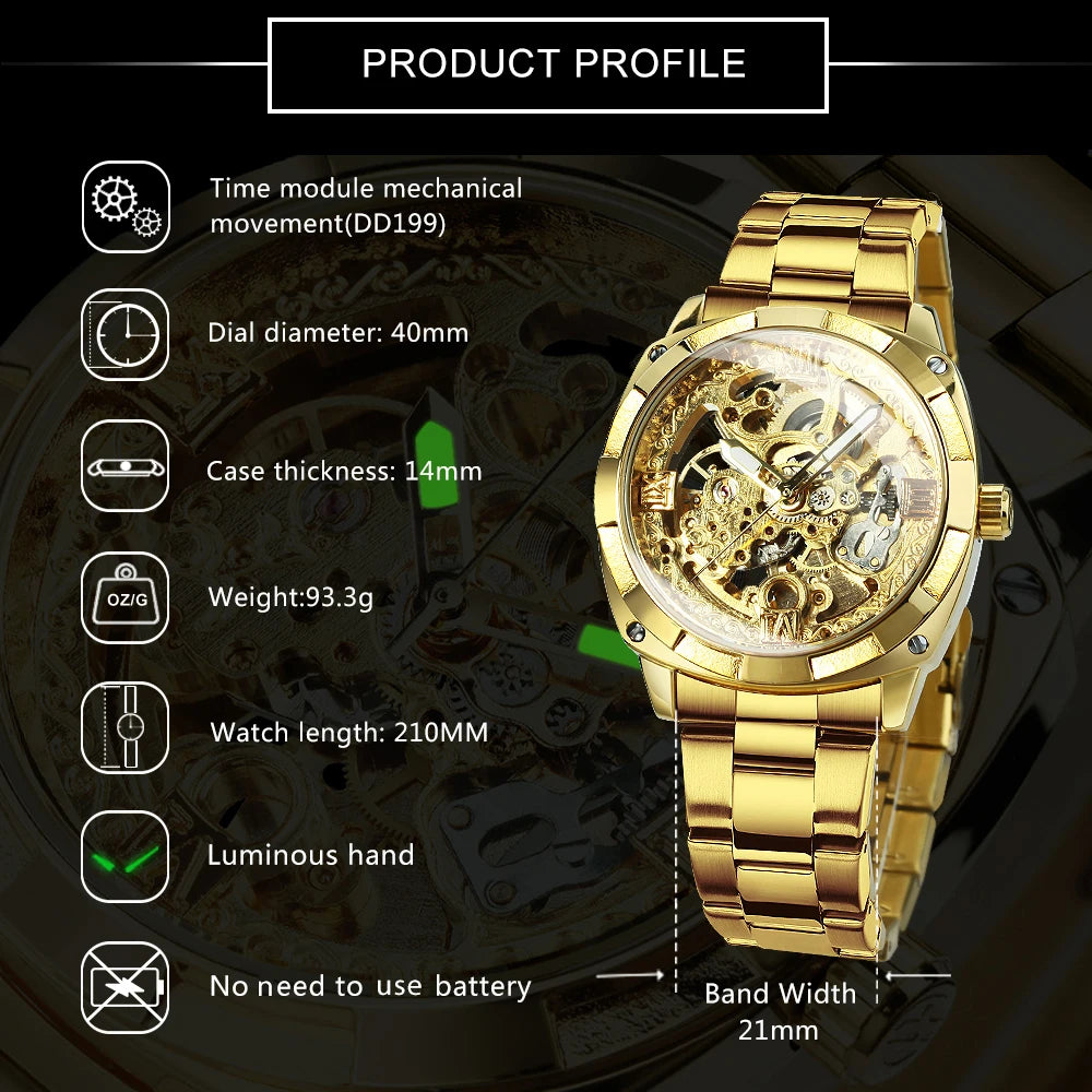 Excellence Square Skeleton Mechanical Watches Luxury Engraved Movement Retro Automatic Watch for Men Steel Strap Luminous Hands