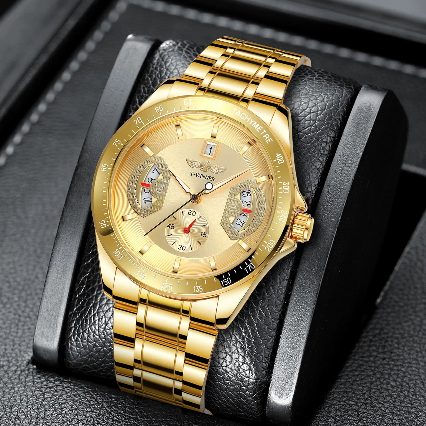 Excellence  Sports Skeleton Mechanical Watches Red Multifunction Dial Date Display Casual Leather Strap Military Automatic Men's Watch