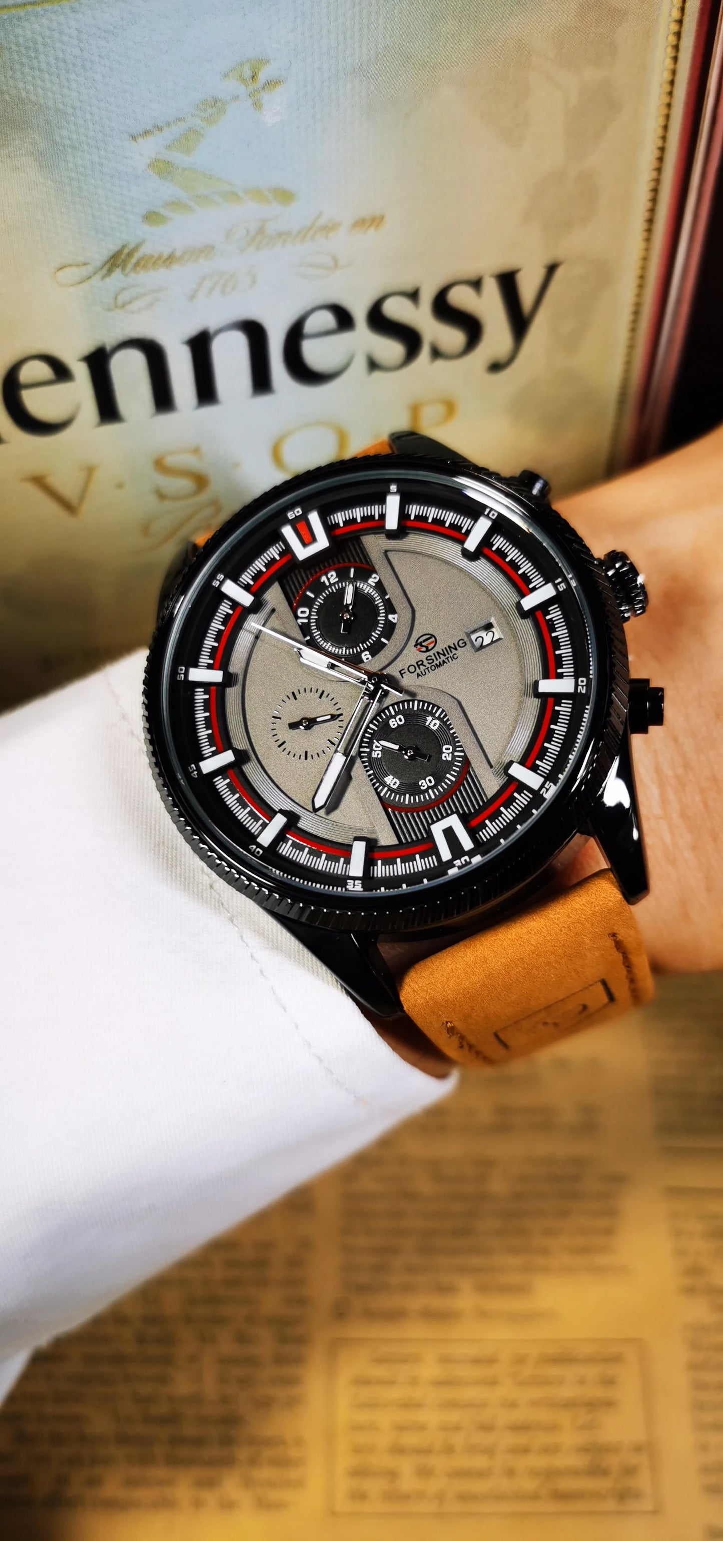 Excellence  Sports Men's Watches Top Brand Luxury Calendar Brown Leather Strap Luminous Hands Fashion Automatic Mechanical Watch