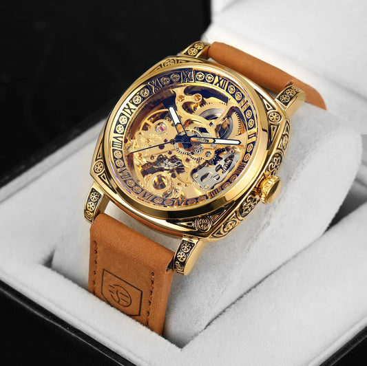 Excellence  Gold Vintage Skeleton Mechanical Watches for Men Luxury Brand Square Engraved Automatic Watch Genuine Leather Strap