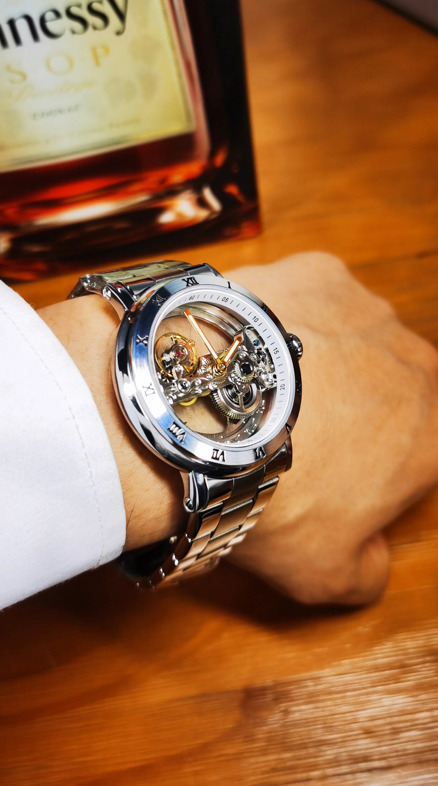 Excellence Gold Bridge Skeleton Automatic Watch for Men Luminous Hands Stainless Steel Leather Strap Luxury Mechanical Watches