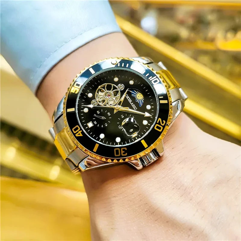 Excellence Moon Phase Skeleton Automatic Watch for Men Luminous Fashion Sports Tourbillon Mechanical Watches Stainless Steel Strap