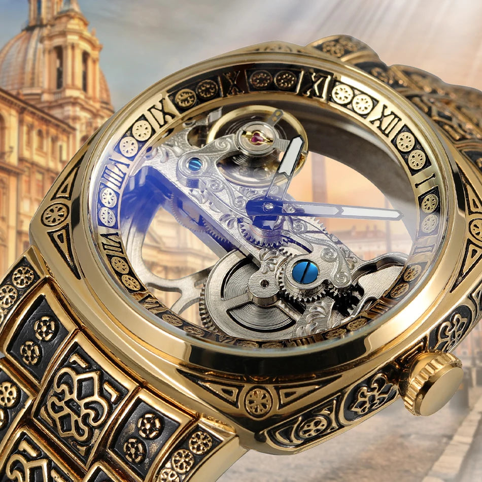 Excellence Luxury Gold Skeleton Mechanical Men Watch Automatic Movement Clock Stainless Steel Strip Male Bronze Wrist Watches