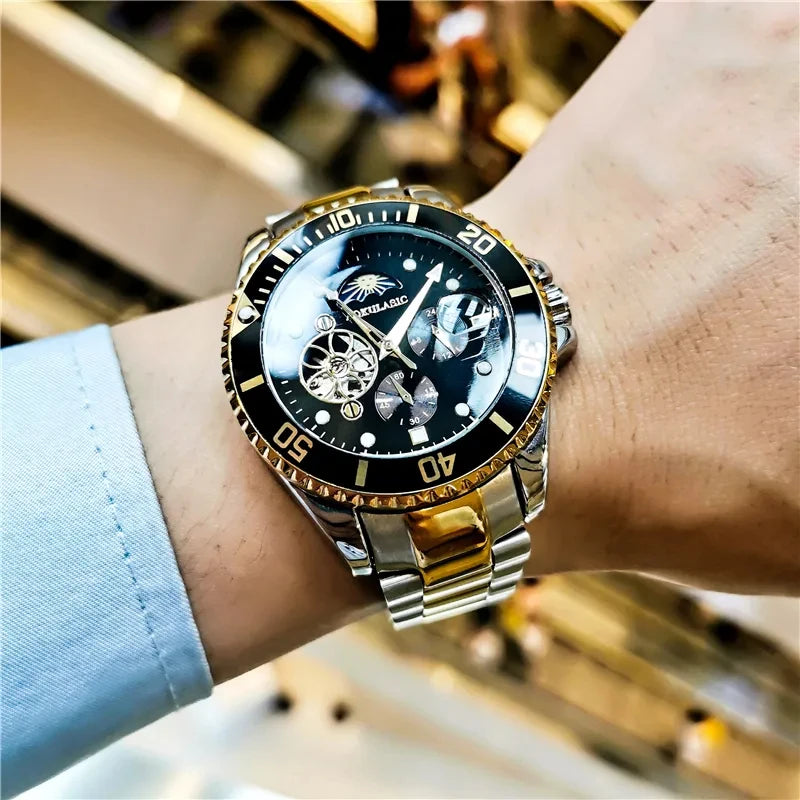 Excellence Moon Phase Skeleton Automatic Watch for Men Luminous Fashion Sports Tourbillon Mechanical Watches Stainless Steel Strap