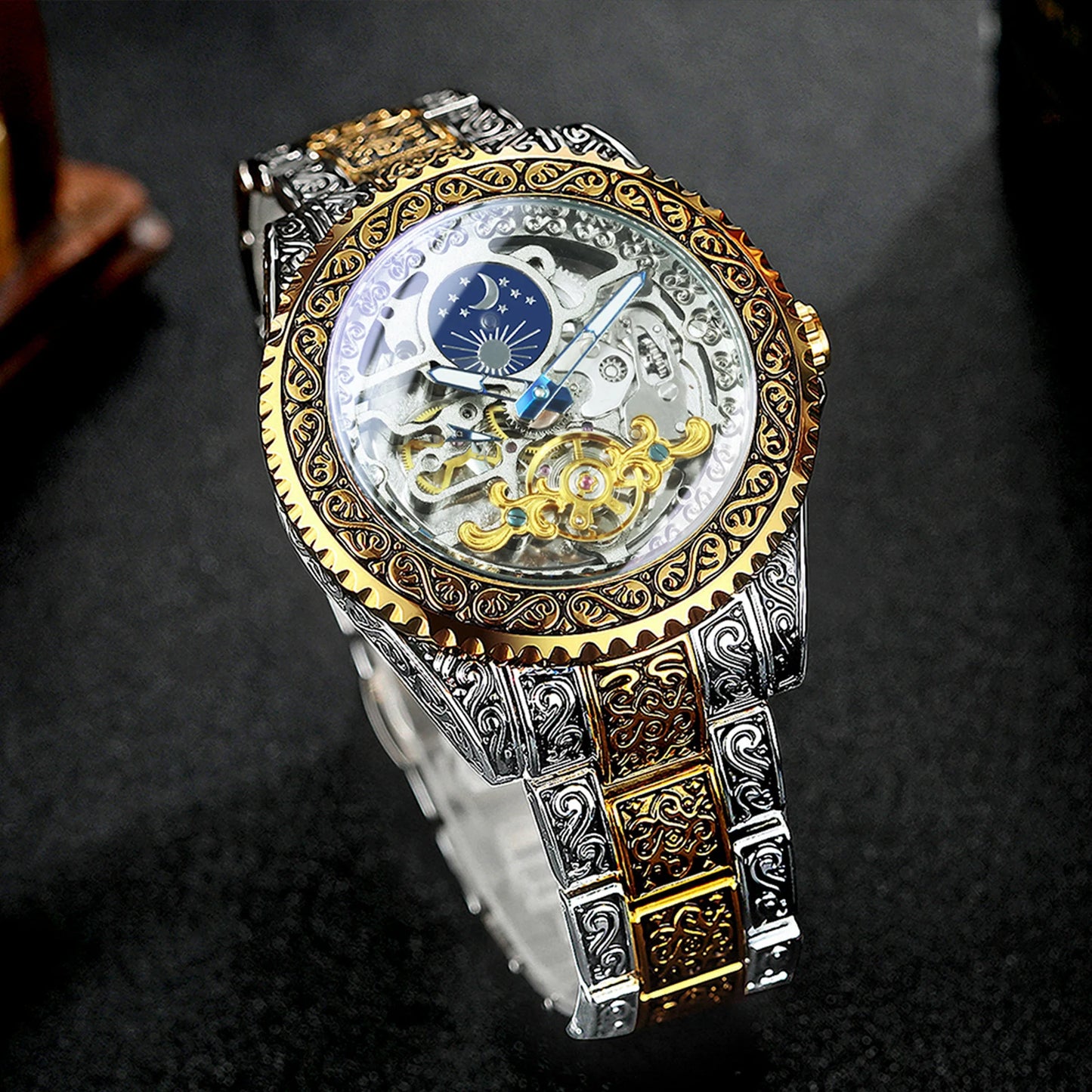 Excellence Luxury Gold Skeleton Mechanical Watches Moon Phase Retro Engraved Luminous Tourbillon Automatic Men's Watch Steel Strap