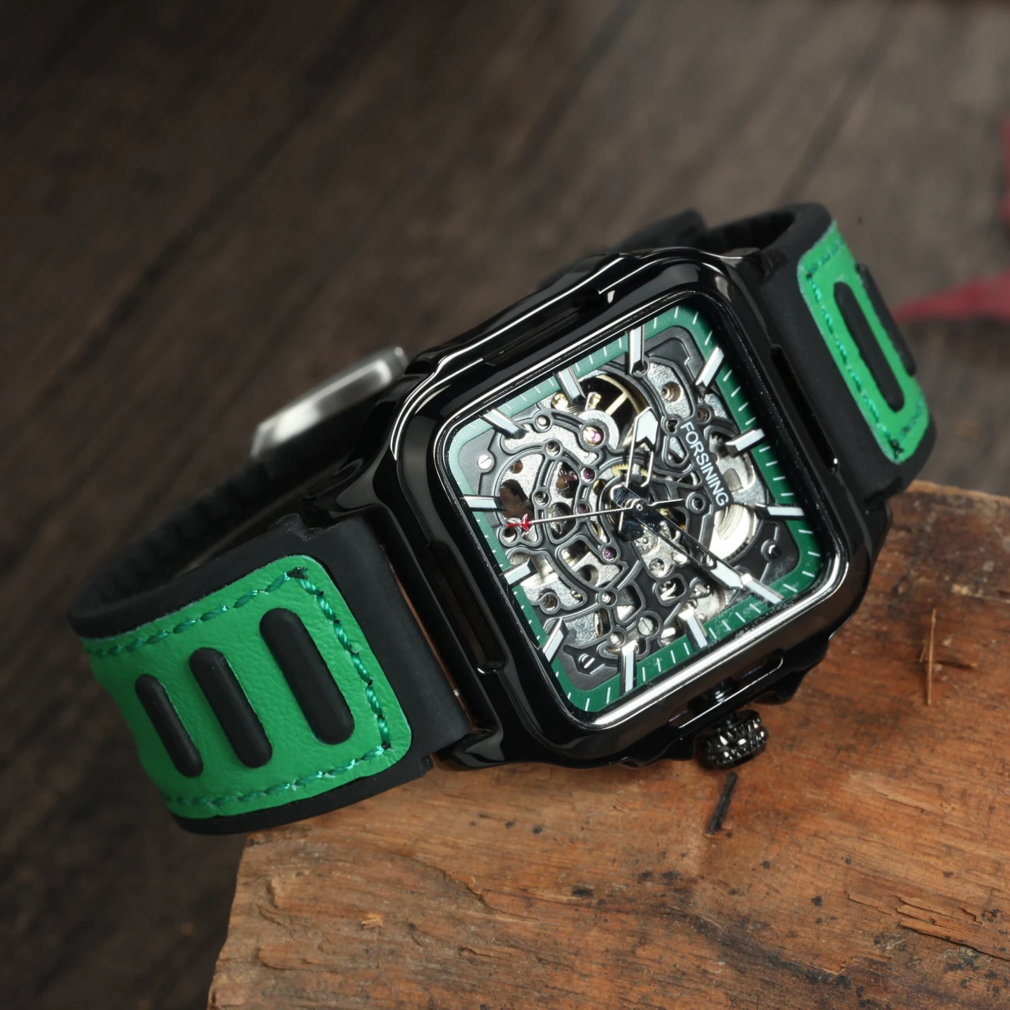 Excellence  Sports Square Automatic Mechanical Watch for Men Fashion Luminous Hand Black Green Rubber Leather Strap Luxury Watch