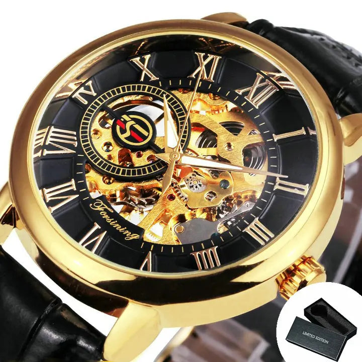 Excellence Classic Retro Skeleton Mechanical Watch for Men Luminous Hands Top Brand Luxury Men's Watches Leather Strap Clock 2024