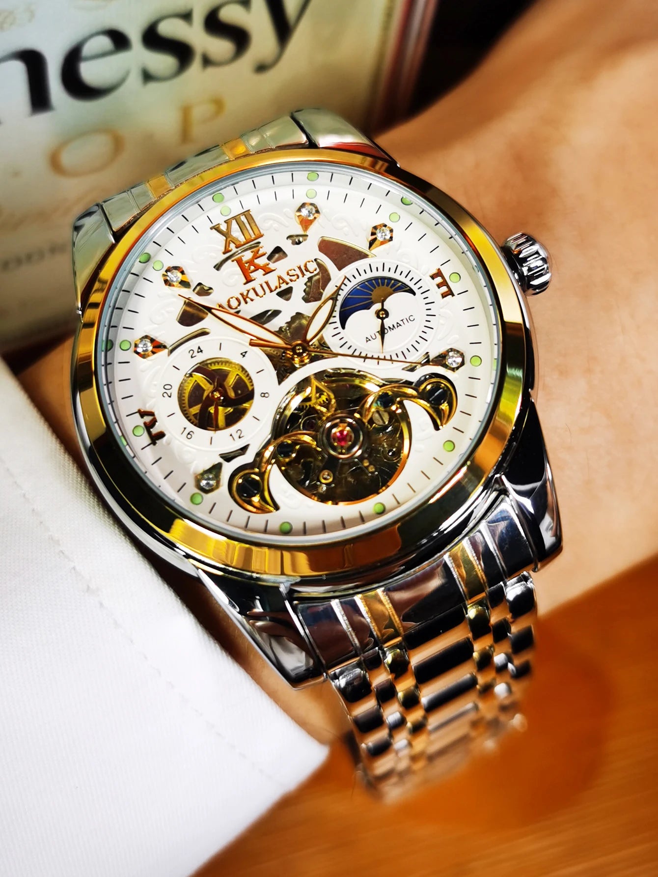 Excellence Luxury Mechanical Watches Moon Phase Fashion Diamond Luminous Hands Tourbillon Skeleton Automatic Men's Watch Steel Strap