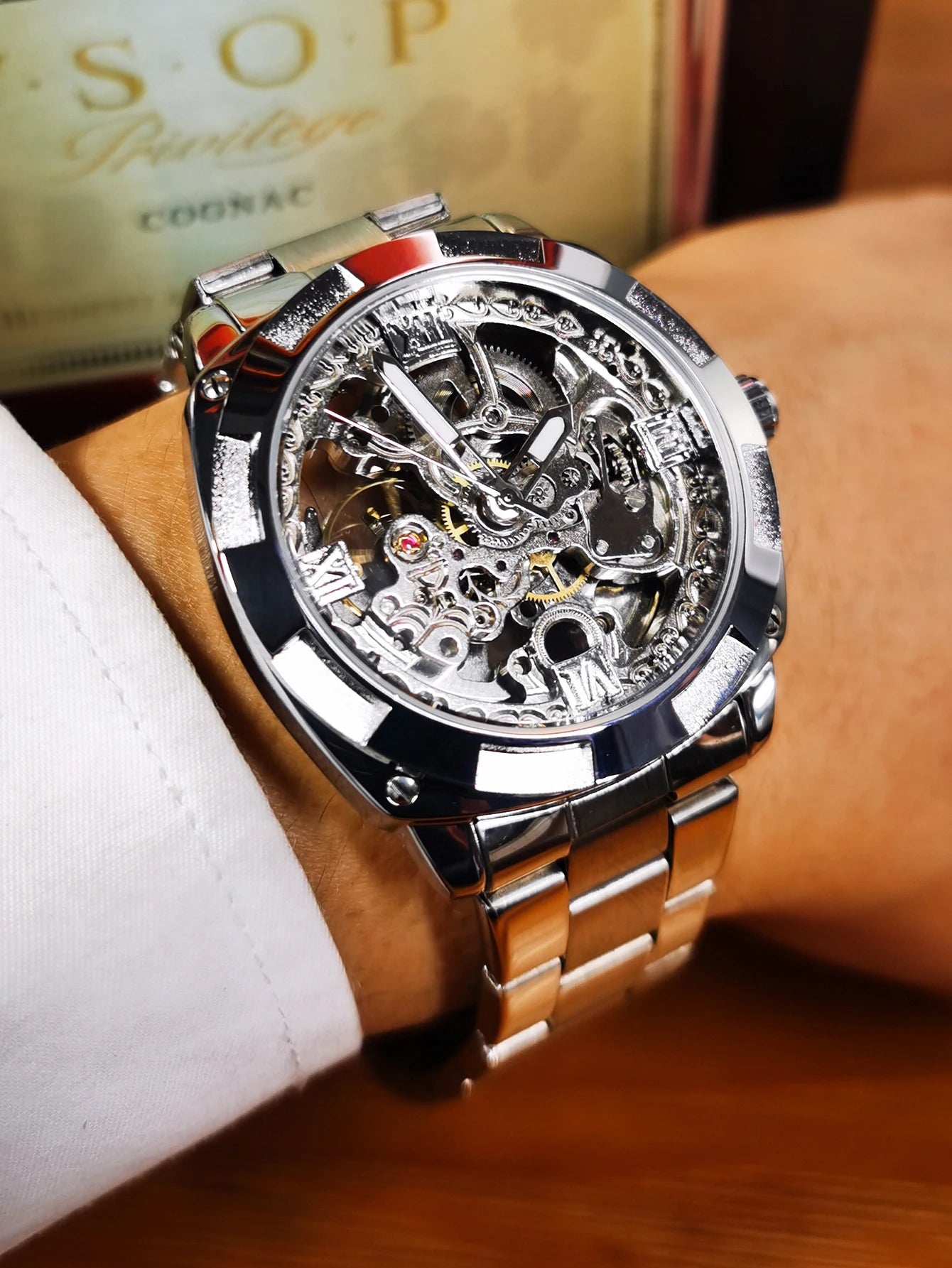 Excellence Square Skeleton Mechanical Watches Luxury Engraved Movement Retro Automatic Watch for Men Steel Strap Luminous Hands