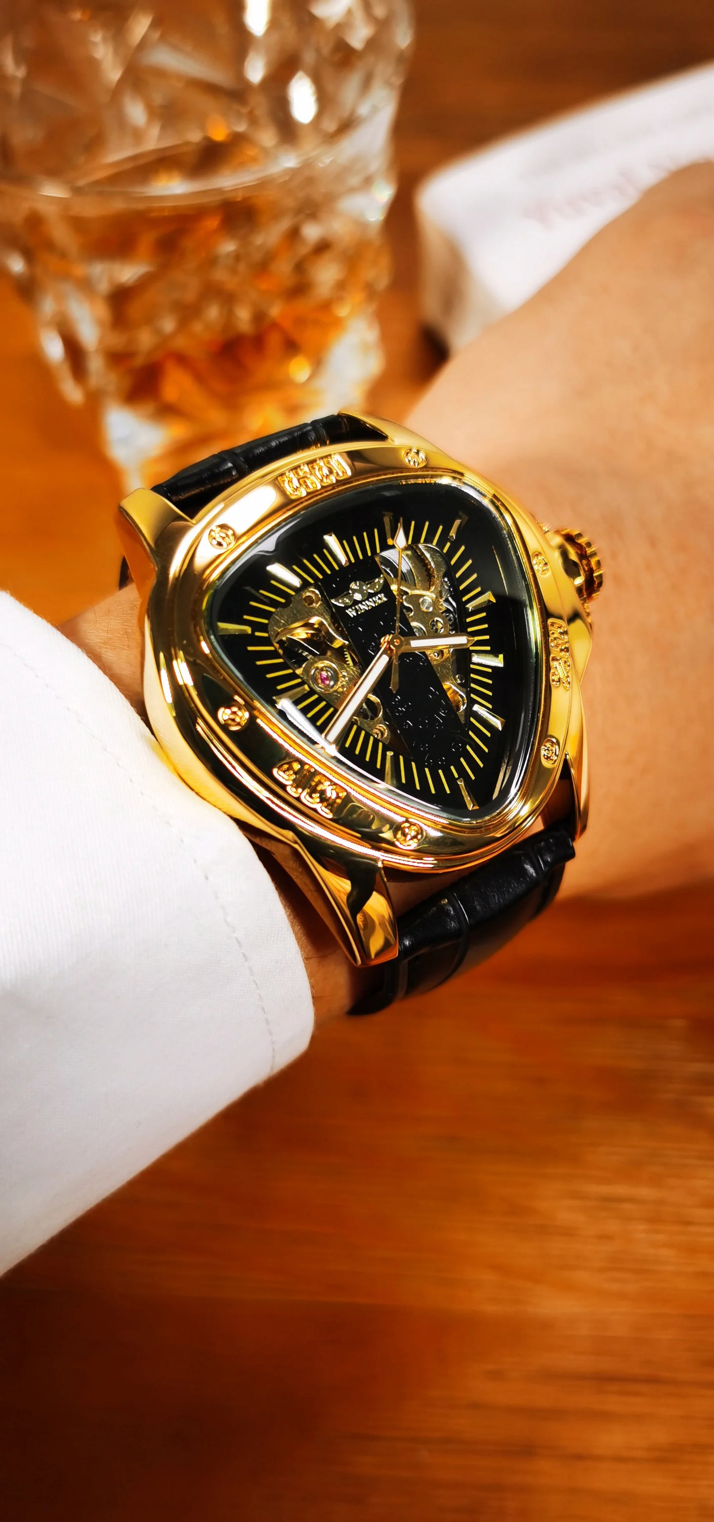 Excellence Military Triangle Skeleton Mechanical Watches for Men Luminous Hands Luxury Brand Leather Belt Sport Gold Automatic Watch