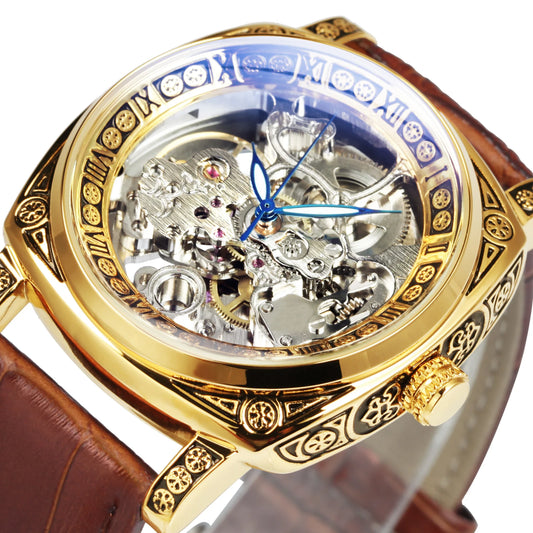 Excellence Gold Mechanical Men's Watches Top Brand Luxury Skeleton Automatic Watch Engraved Movement genuine Leather Strap 2024