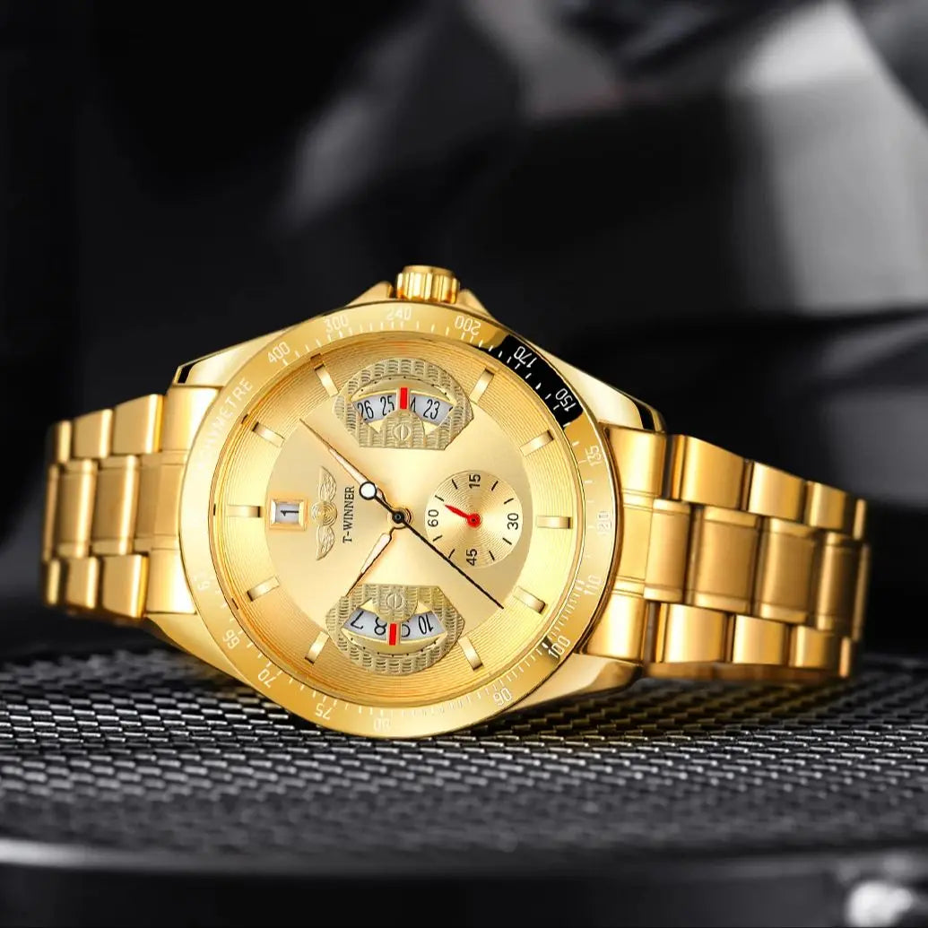 Excellence Sports Gold Automatic Watch for Men Date Display Luminous Hands Stainless Steel Strap Top Brand Luxury Mechanical Watch