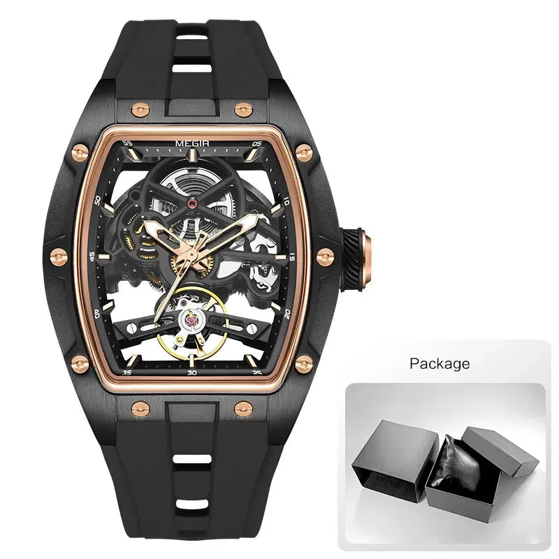 Excellence Automatic Wristwatch Men Fashion Black Silicone Strap Waterproof Luminous Sport Mechanical Watch with Tonneau Dial