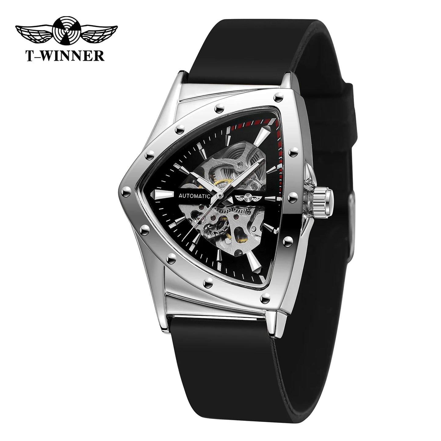 Excellence Military Triangle Skeleton Automatic Watch for Men Gold Sports Mechanical Watches Luxury Rubber strap Luminous