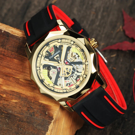 Excellence Fashion Gold Skeleton Mechanical Watches for Men Luminous Hands Casual Black Red Rubber Strap Irregular Sports Watch