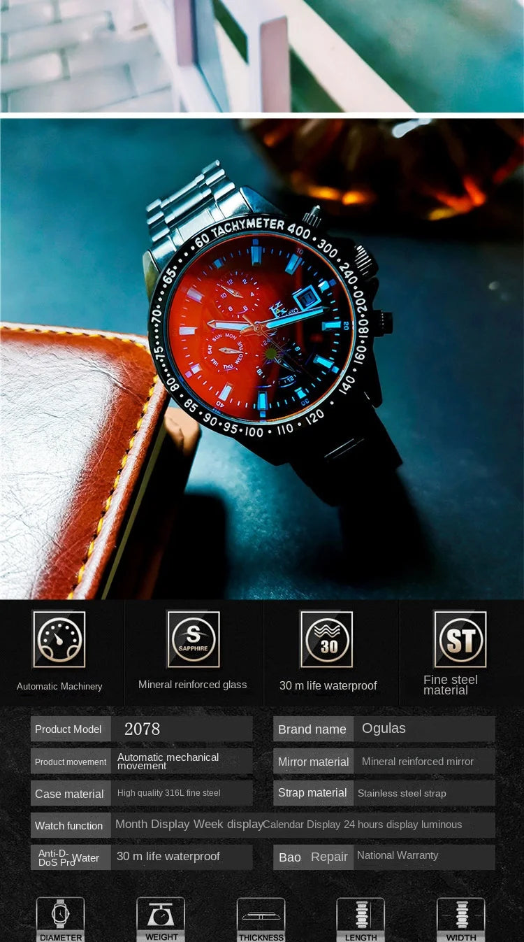 Excellence Fashion Multifunctional Automatic Watch for Men Week Display Moon Phase Red Light Coat Mechanical Watches Steel Strap