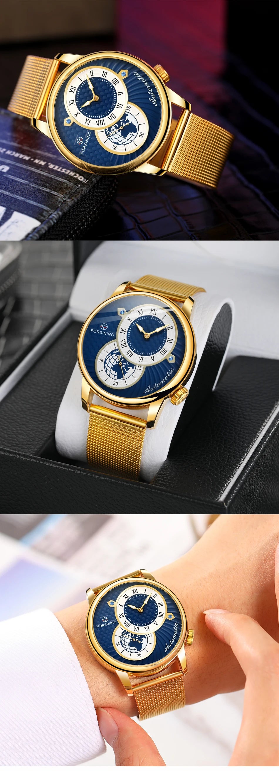 Excellence Earth Image Two Dial Automatic Self-Wind Mechanical Watch Fashion Men watch Waterproof Mesh strap