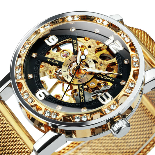 Forsining Vintage Luxury Mechanical Watches Classic Iced Out Gold Skeleton Watch for Men Luminous Hands Stainless Steel Strap