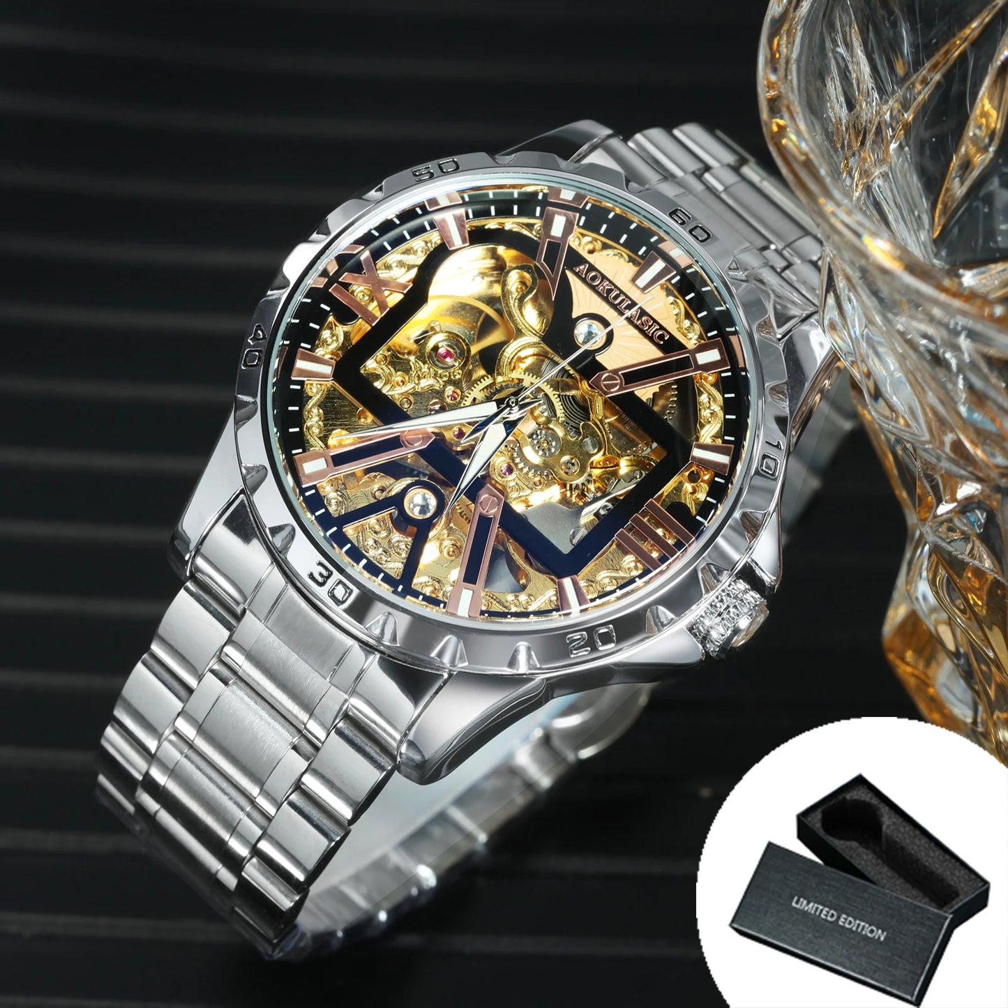 Excellence Brand Military Mechanical Watches Fashion Iced Out Gold Skeleton Automatic Watch for Men Stainless Steel Strap Luminous