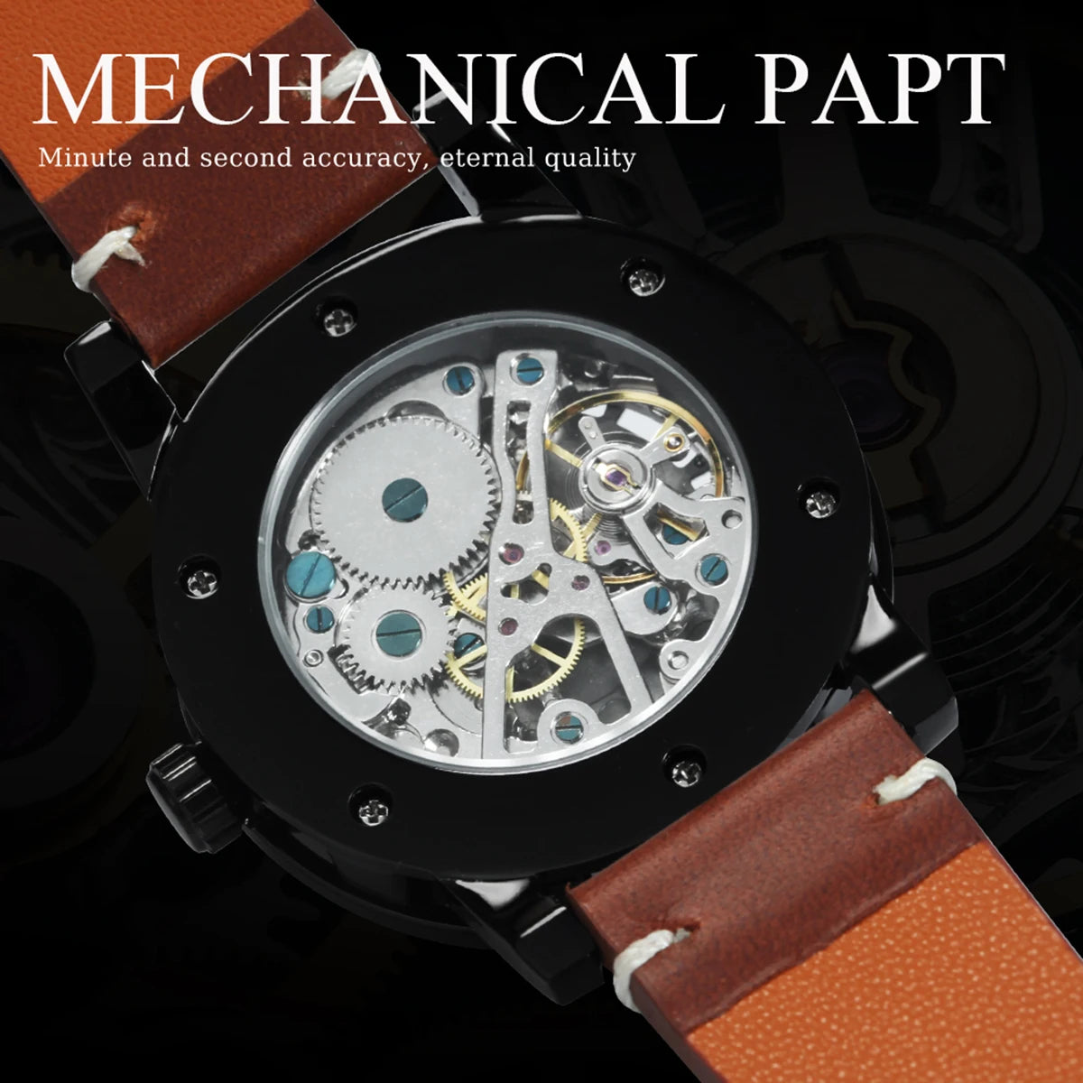 Excellence Classic Iced Out Skeleton Mechanical Watches Luminous Hands Luxury Gold Watch for Men Vintage Brown Leather Strap Clock