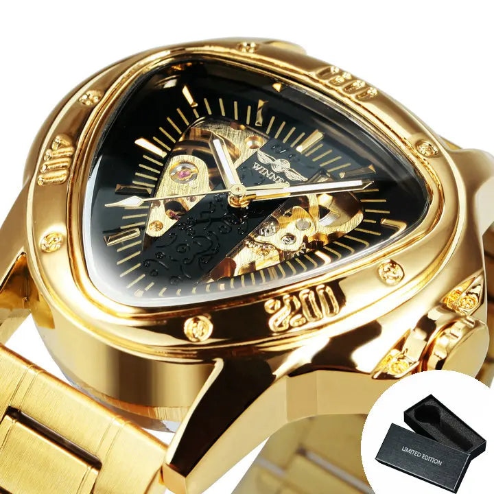 Excellence Sports Military Skeleton Automatic Mechanical Watch for Men Black Gold Triangle Dial Steel Leather Strap Luxury Watches