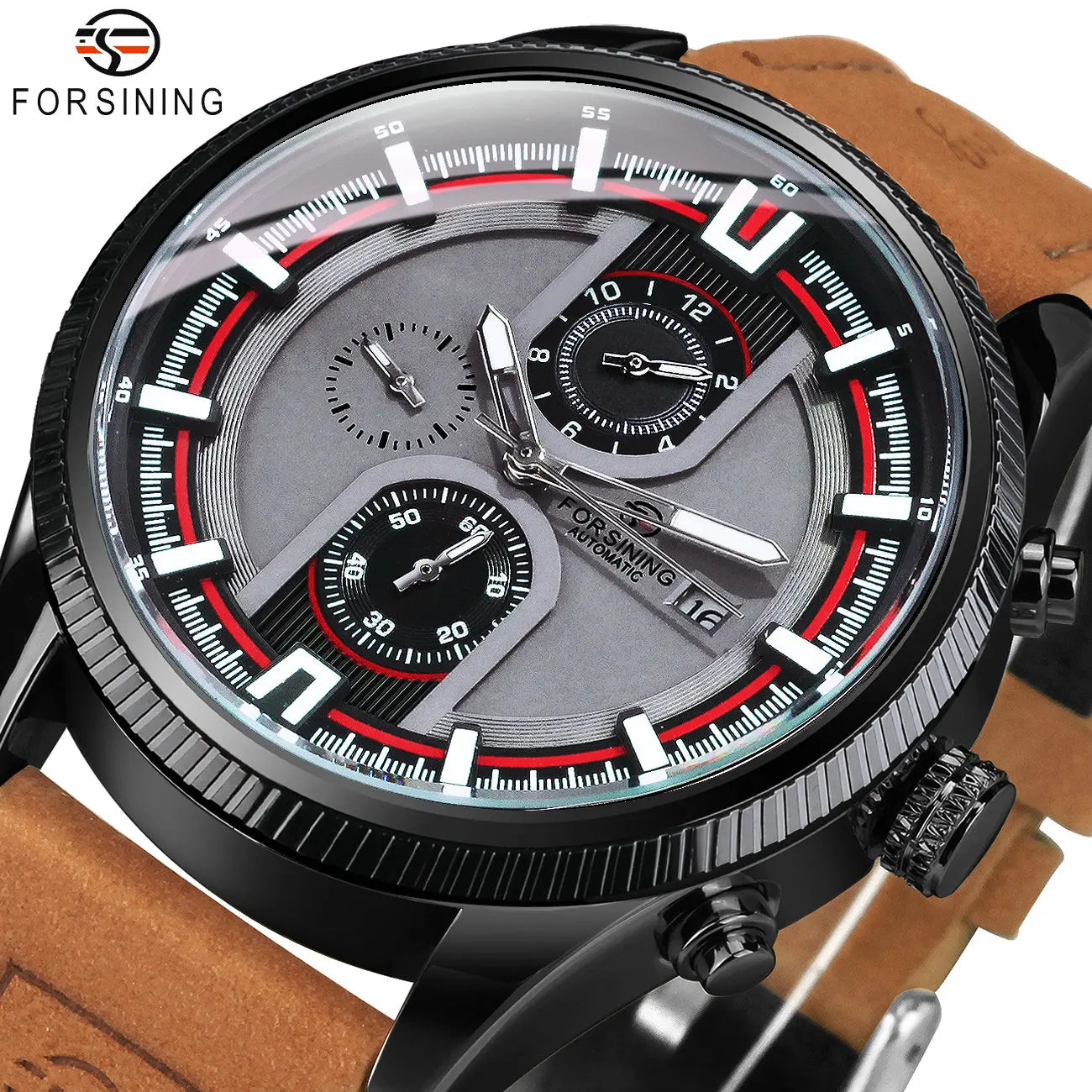 Excellence  Sports Men's Watches Top Brand Luxury Calendar Brown Leather Strap Luminous Hands Fashion Automatic Mechanical Watch