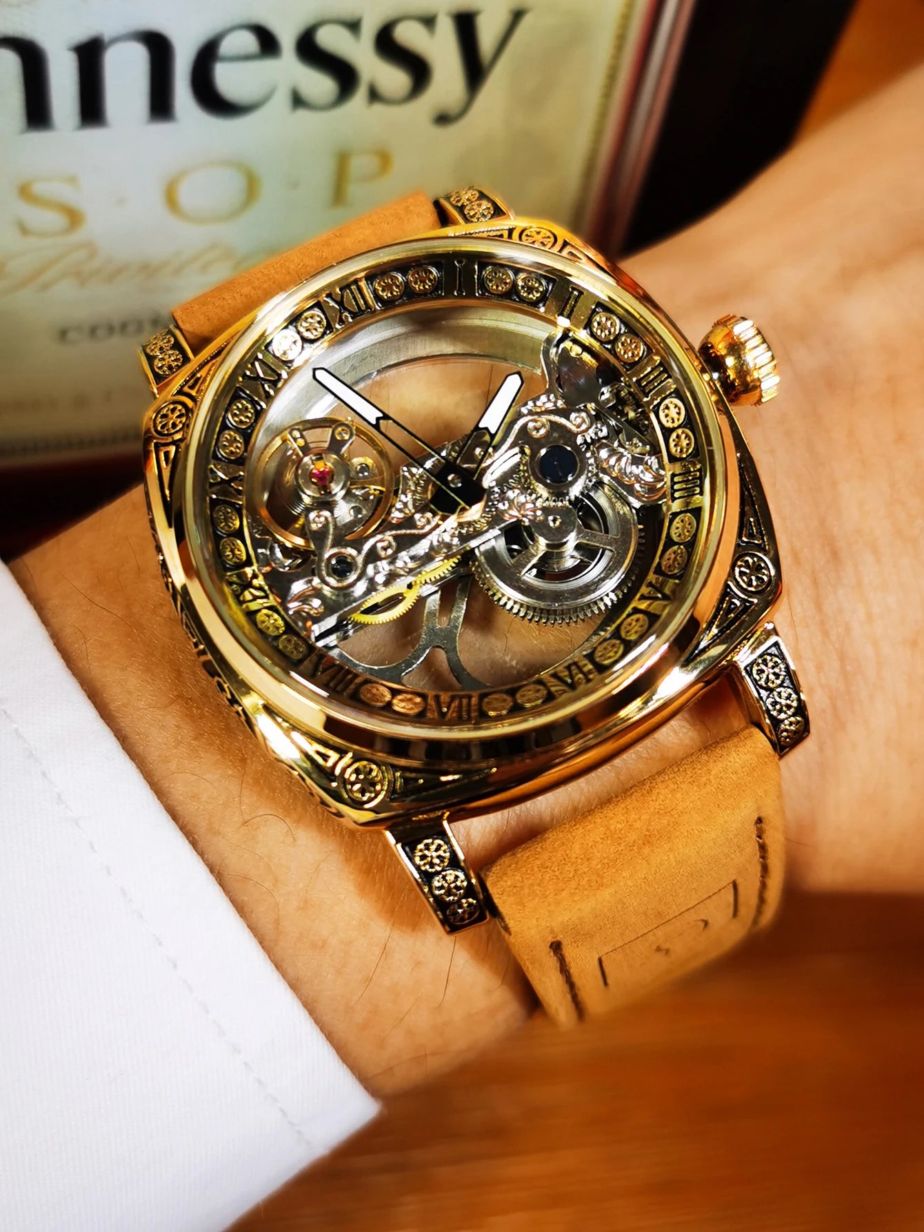 Excellence Square Luxury Skeleton Mechanical Watches Retro Engraved Case Golden Bridge Automatic Men's Watch Genuine Leather Strap