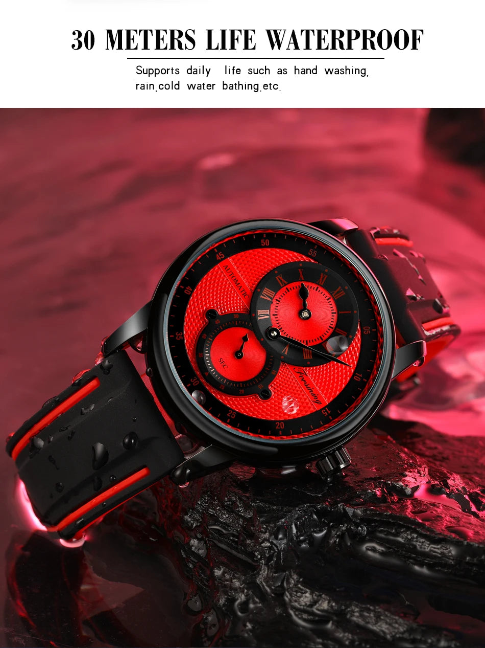 Excellence Red Casual Automatic Mechanical Watches Rubber strap Waterproof Men's Watch Top Brand Luxury Watch