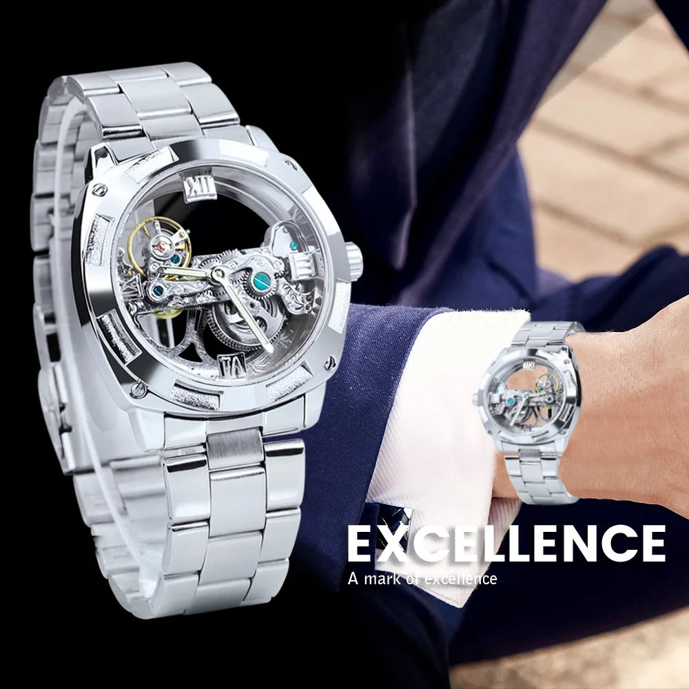 Excellence Luxury Square Skeleton Automatic Men's Watch Golden Bridge Dial Carved Movement Mechanical Waterproof Watches Steel Strap