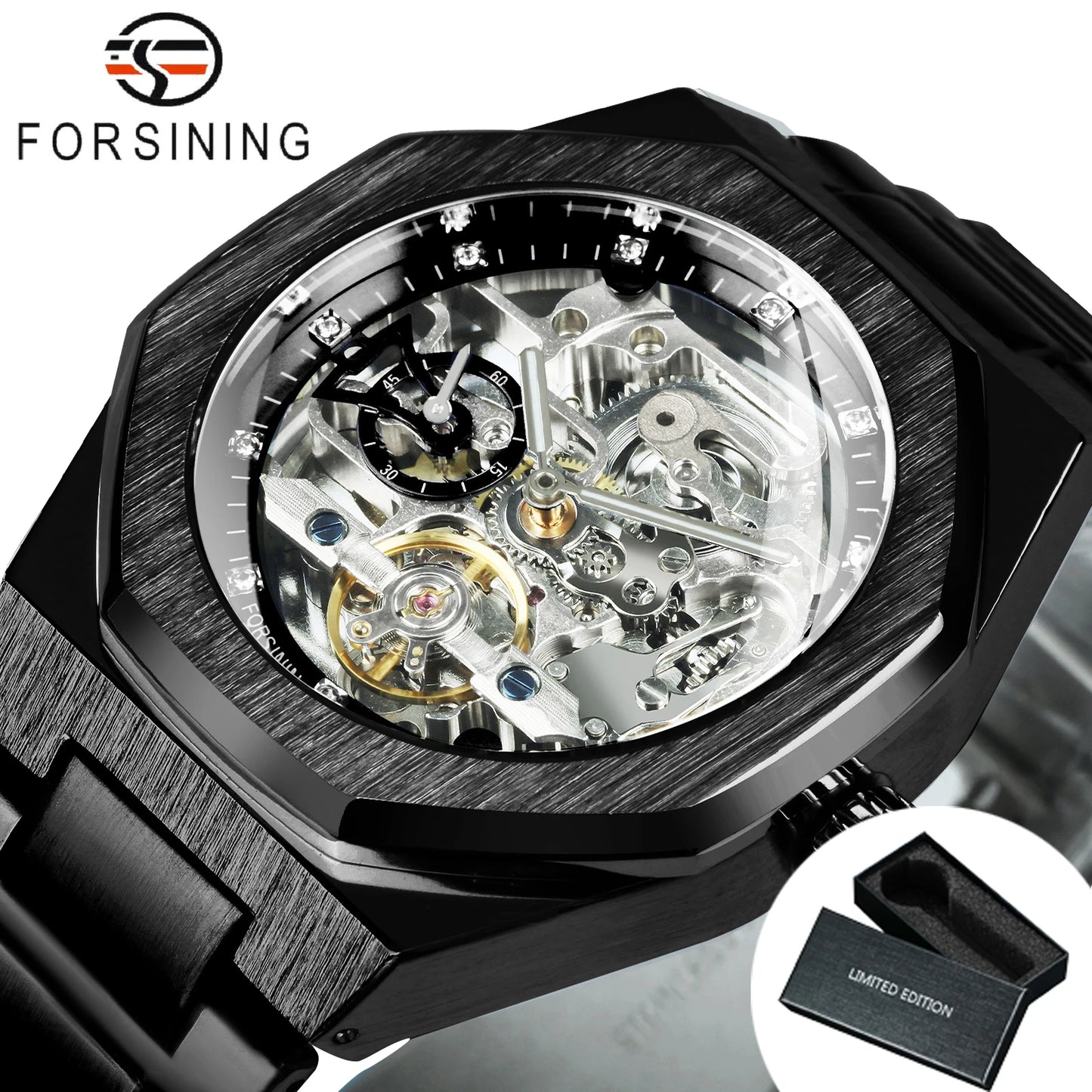 Excellence Casual Automatic Mechanical Watch for Men Luminous Hands Stainless Steel Strap Fashion Luxury Skeleton Men's Watches