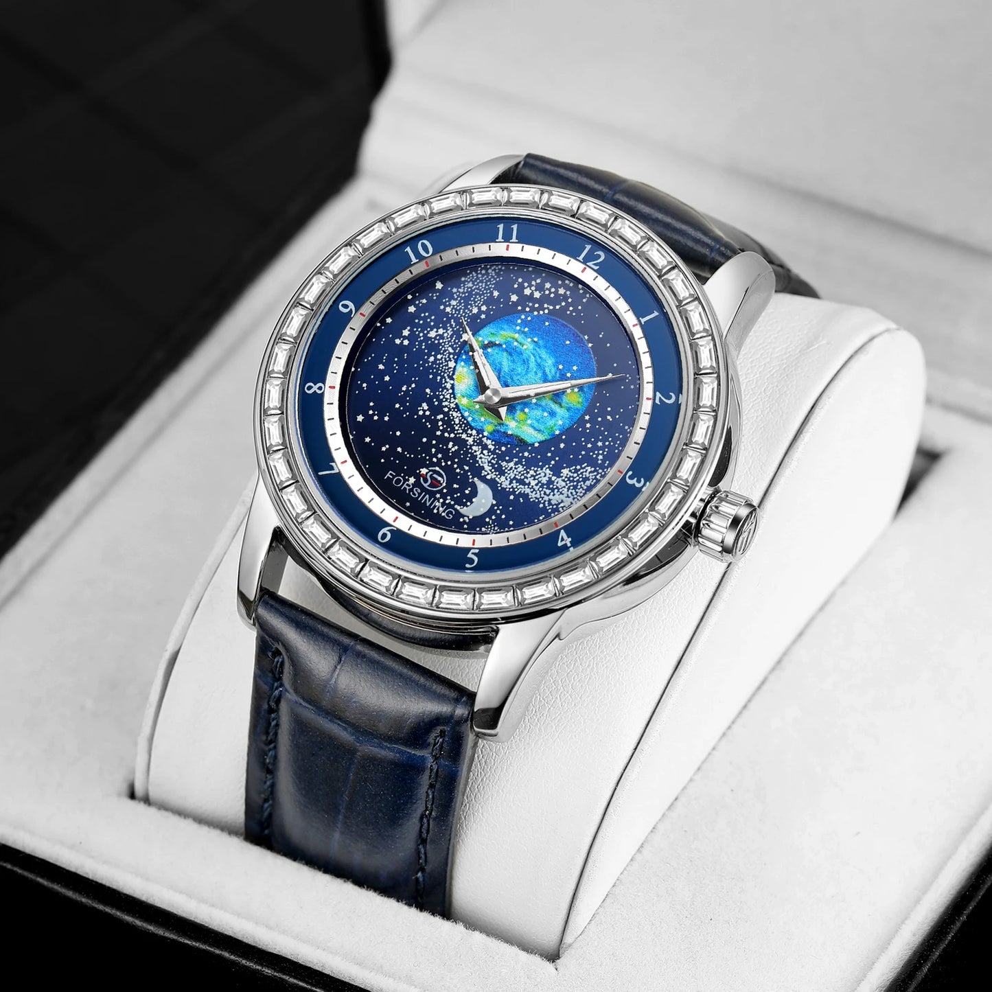 Excellence Design Earth Star Moon Set With Diamonds Genuine Belt Men Mechanical Automatic Watch Waterproof For Business