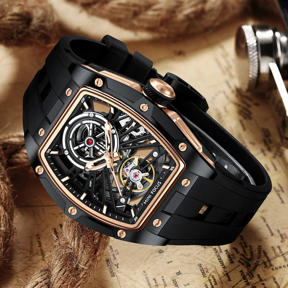 Excellence Fashion Tourbillon Skeleton Automatic Mechanical Watch for Men Luminous Silicone Strap Sports Waterproof Watches 2024