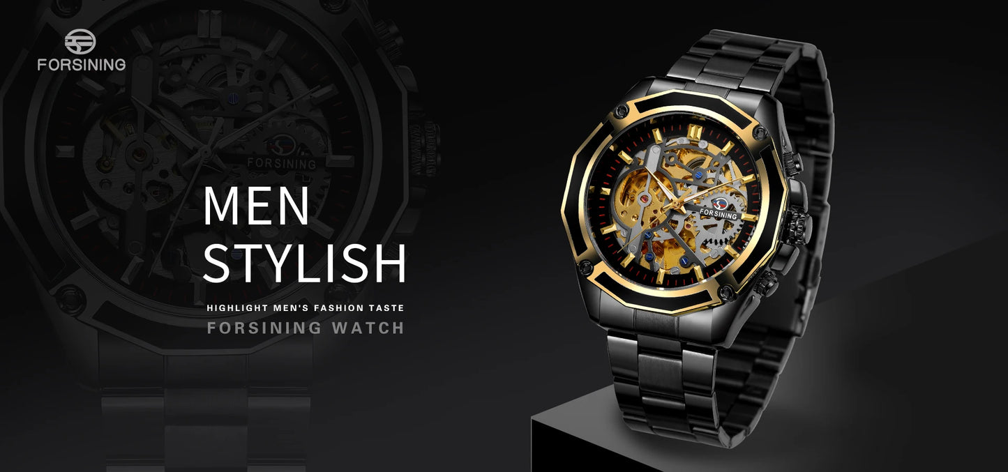 Excellence Stainless Steel Skeleton Mechanical Watch Male Automatic Movement Man Wrist Watches Waterproof High End Luxury watch