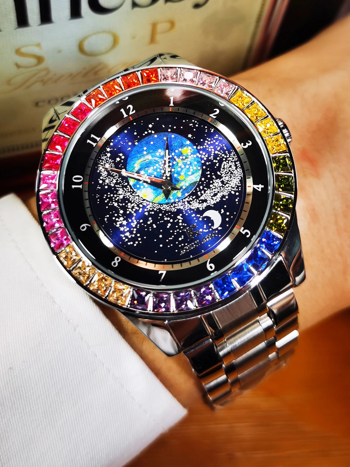 Excellence Luxury Brand Mechanical Watch for Men Rotating Star Dial Fashion Rainbow Case Automatic Watches Genuine Leather Strap Wristwatch