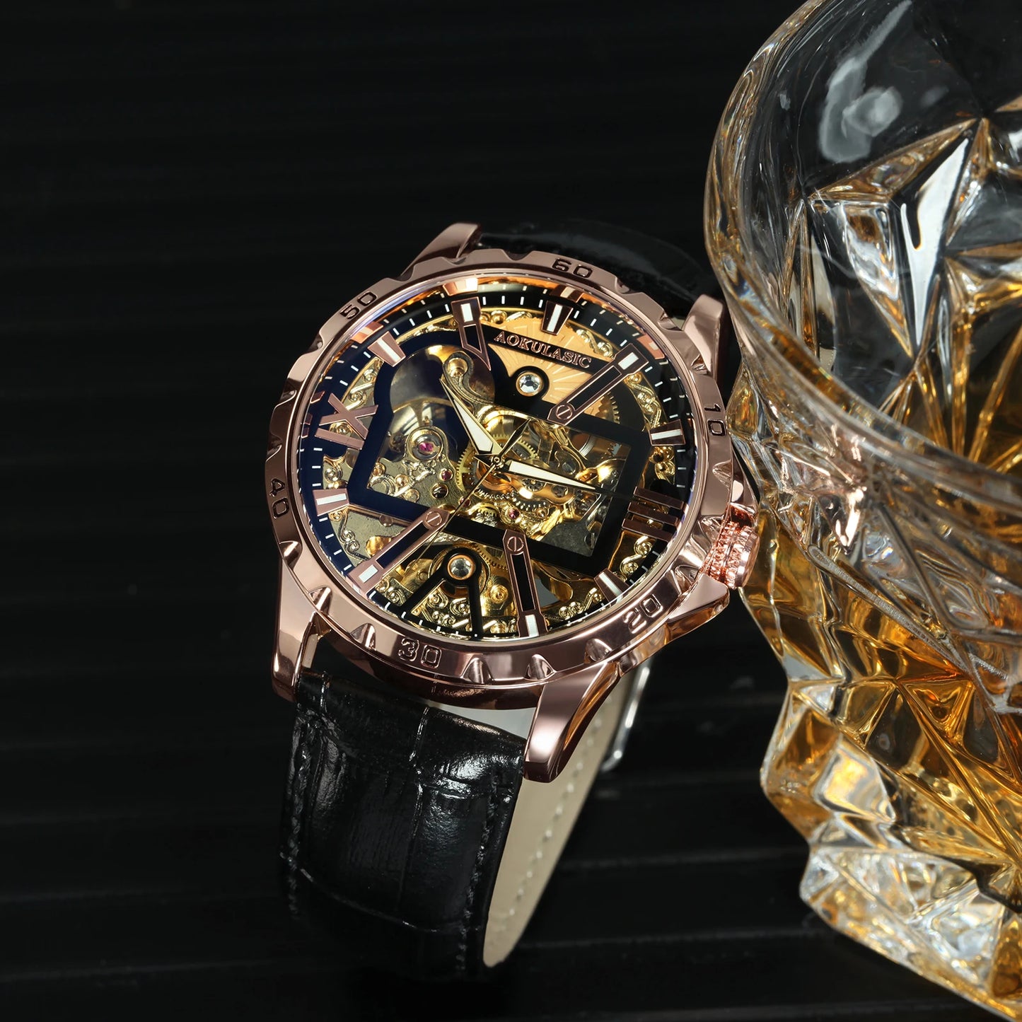 Excellence Brand Military Mechanical Watches Fashion Iced Out Gold Skeleton Automatic Watch for Men Stainless Steel Strap Luminous