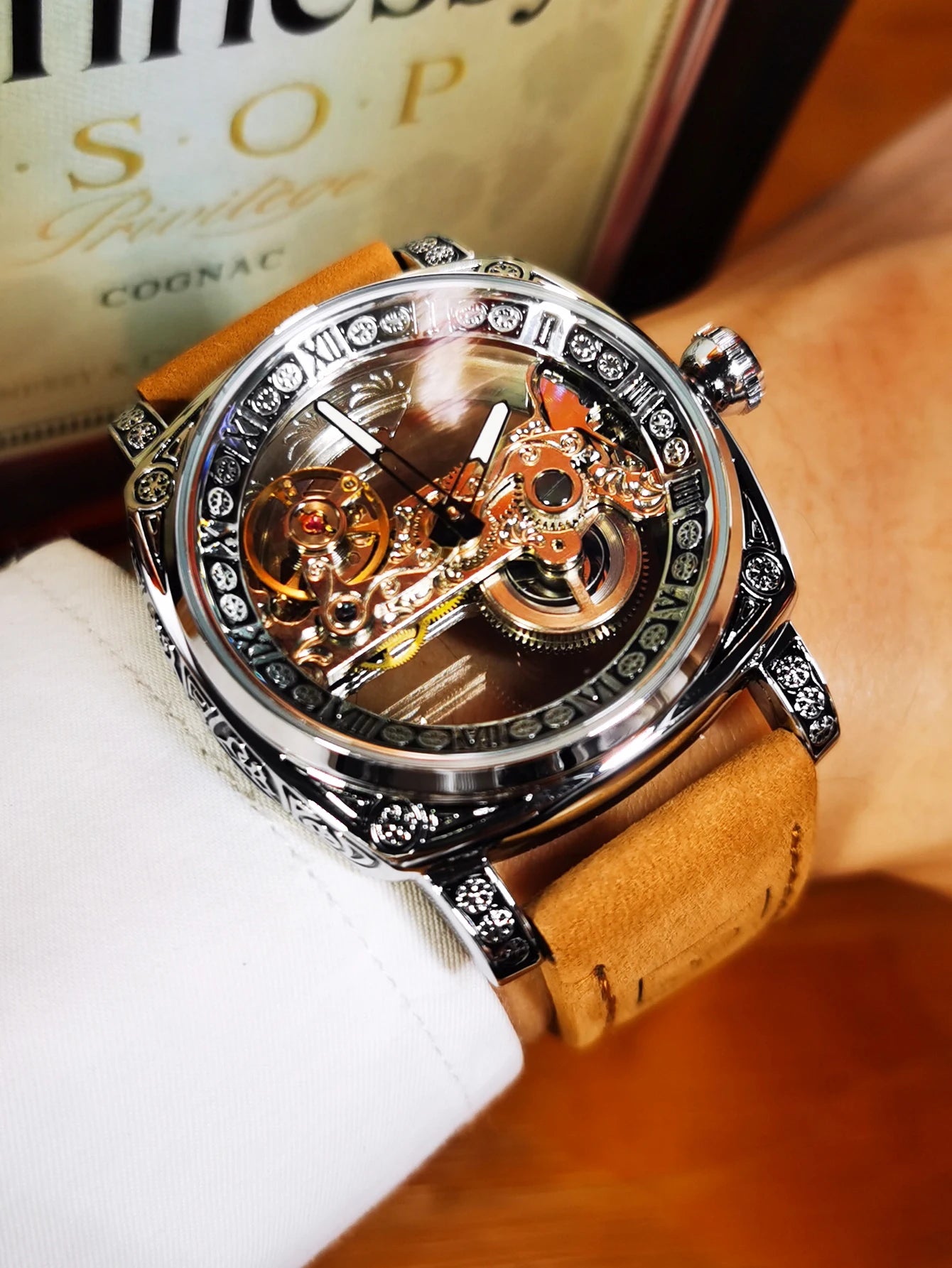 Excellence Square Luxury Skeleton Mechanical Watches Retro Engraved Case Golden Bridge Automatic Men's Watch Genuine Leather Strap