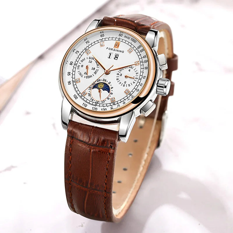 Excellence Women Automatic Mechanical Fashion Luxury Wrist Watches Ladies Diamond Moon Phase Multifunctional.