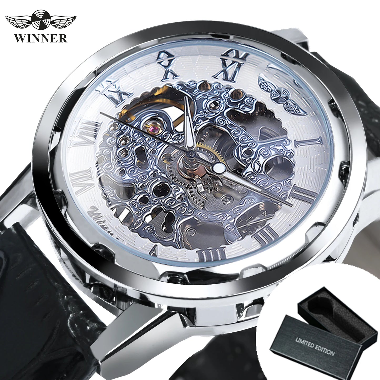 Excellence Transparent Skeleton Mechanical Watches Luminous Hands Silver White Retro Luxury Watch for Men Black Leather Belt