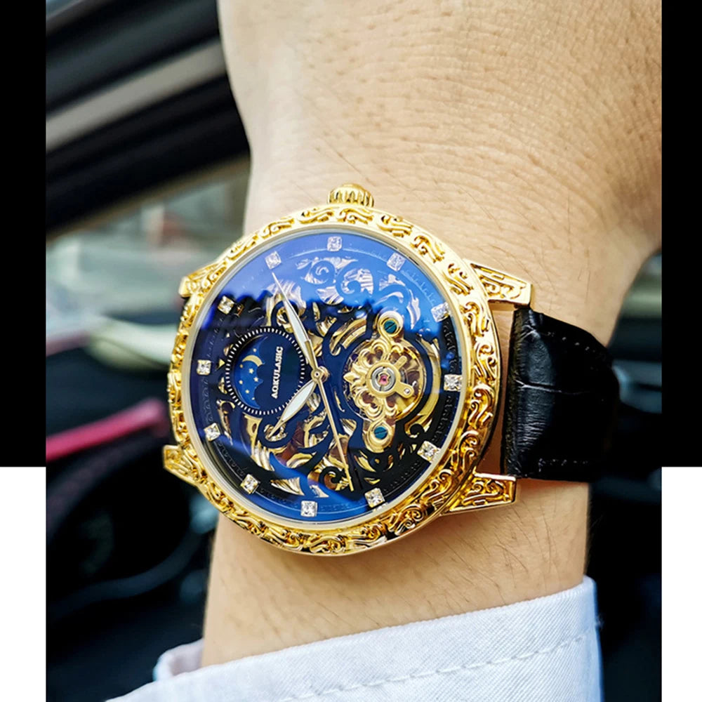 Excellence Skeleton Men's Watches Top Brand Luxury Engraved Case Moon Phase Automatic Mechanical Watch Leather Belt