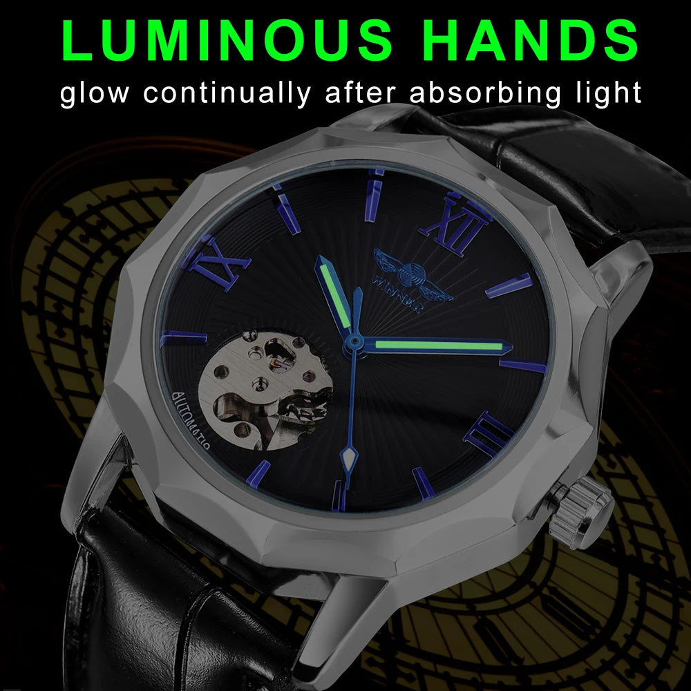 Excellence Business Irregular Skeleton Automatic Mechanical Watch for Men Luminous Hands Leather Steel Strap Fashion Simple Watch