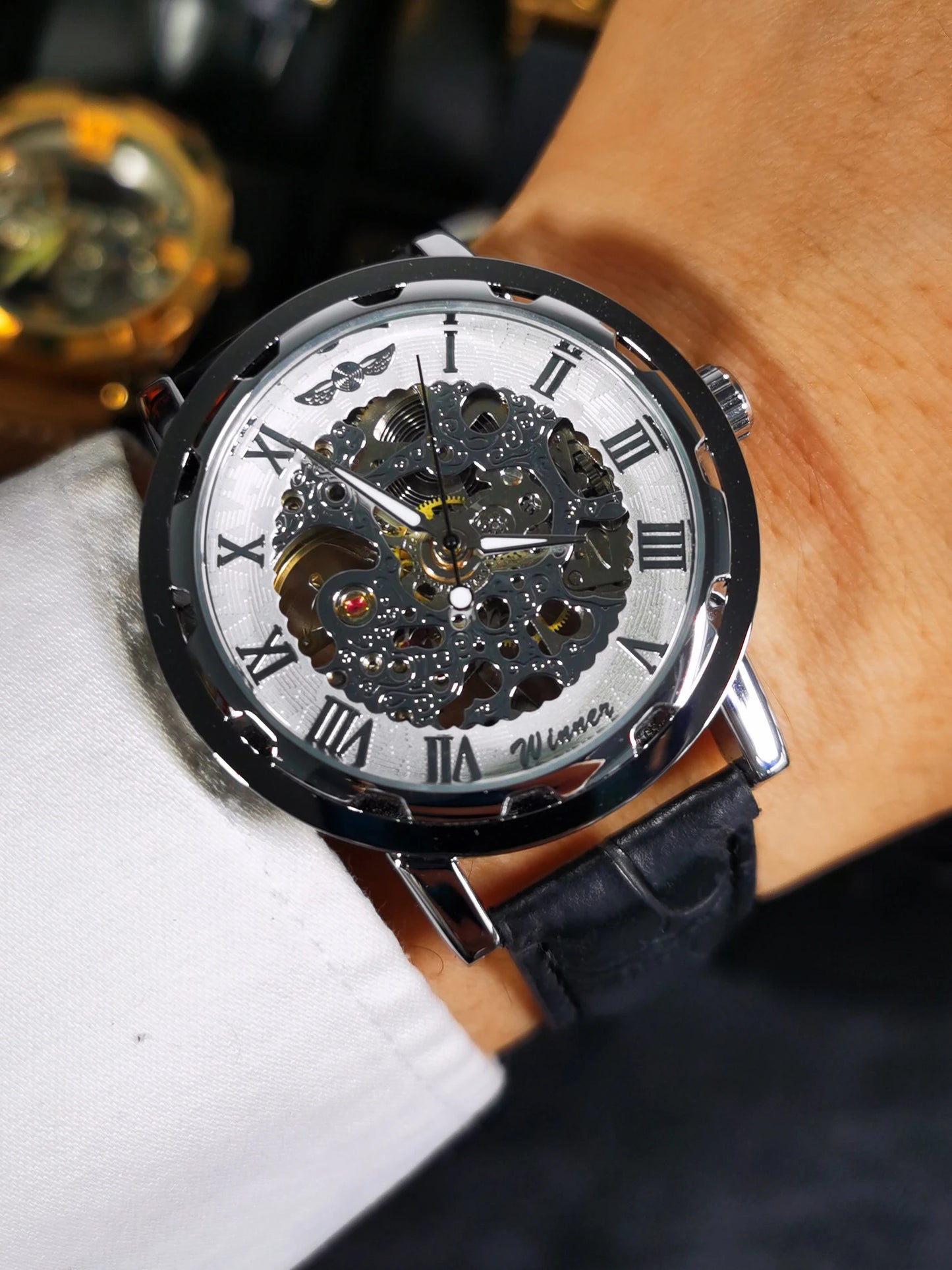 Excellence Transparent Skeleton Mechanical Watches Luminous Hands Silver White Retro Luxury Watch for Men Black Leather Belt