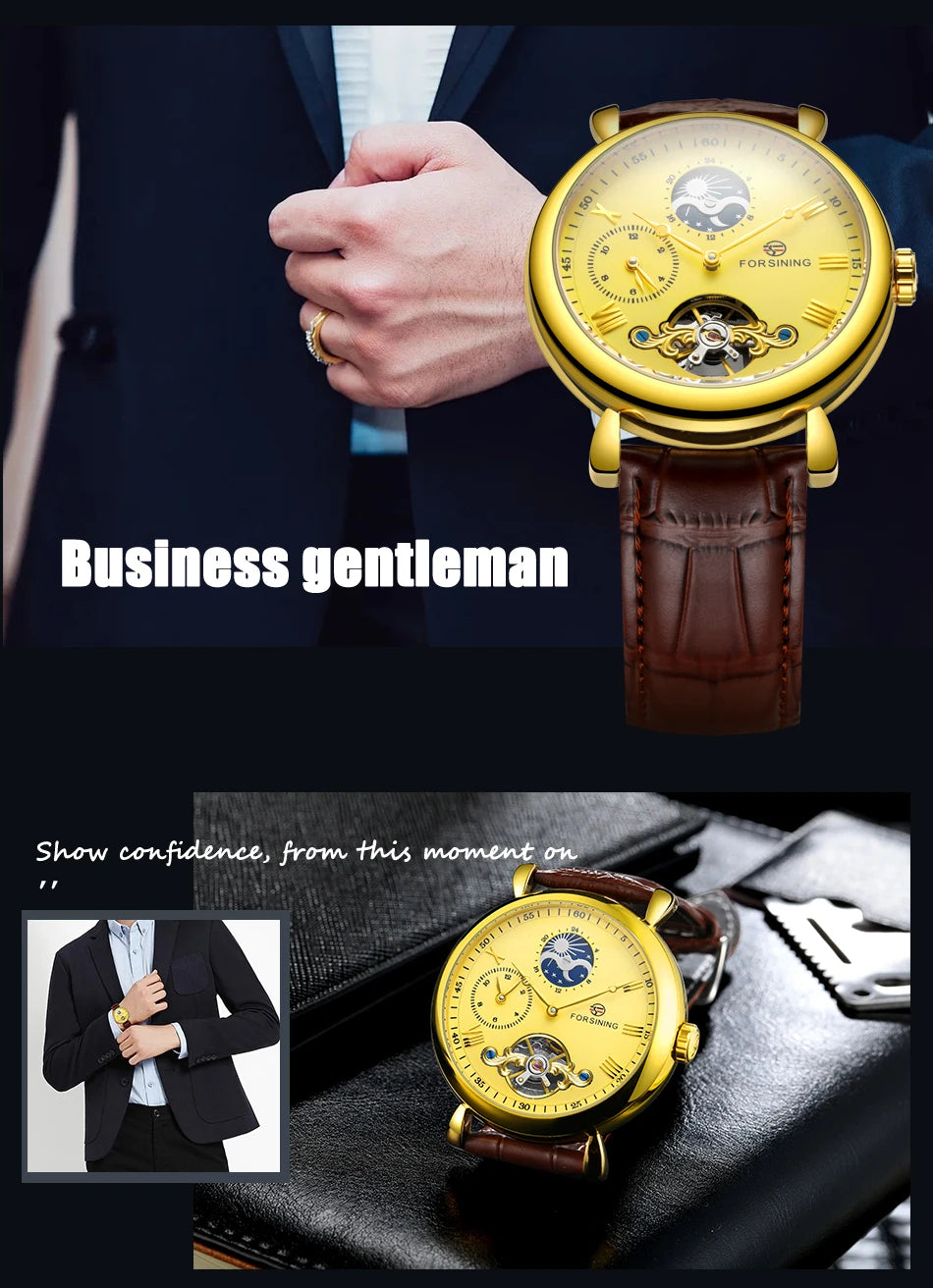 Excellence High Quality Multiple Time Zone Moonphase Automatic Watch Fashion Luxury Skeleton Mechanical Watches Leather Belt Men's Wristwatch