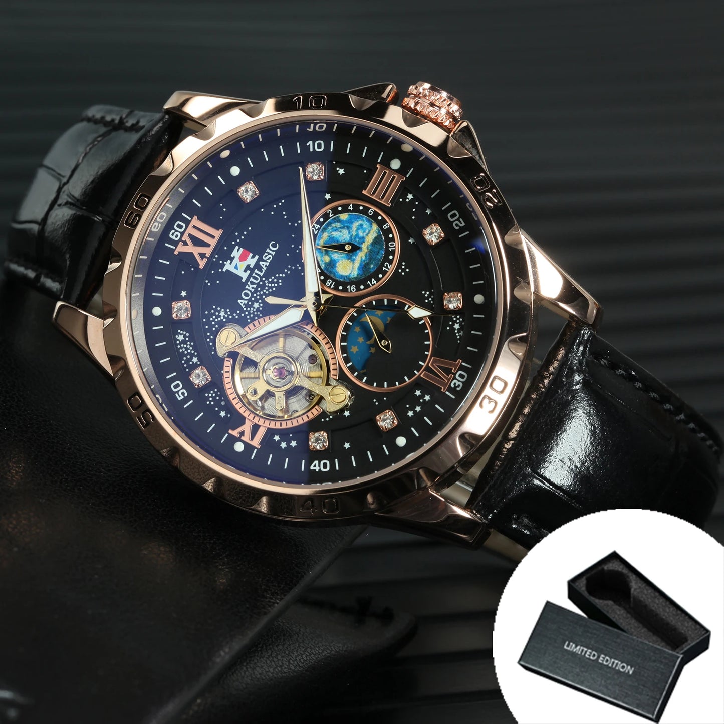 Excellence Tourbillon Skeleton Mechanical Watches Starry Sky Moon Phase Diamond Luminous Dial Steel Strap Luxury Brand Automatic Men's Watch