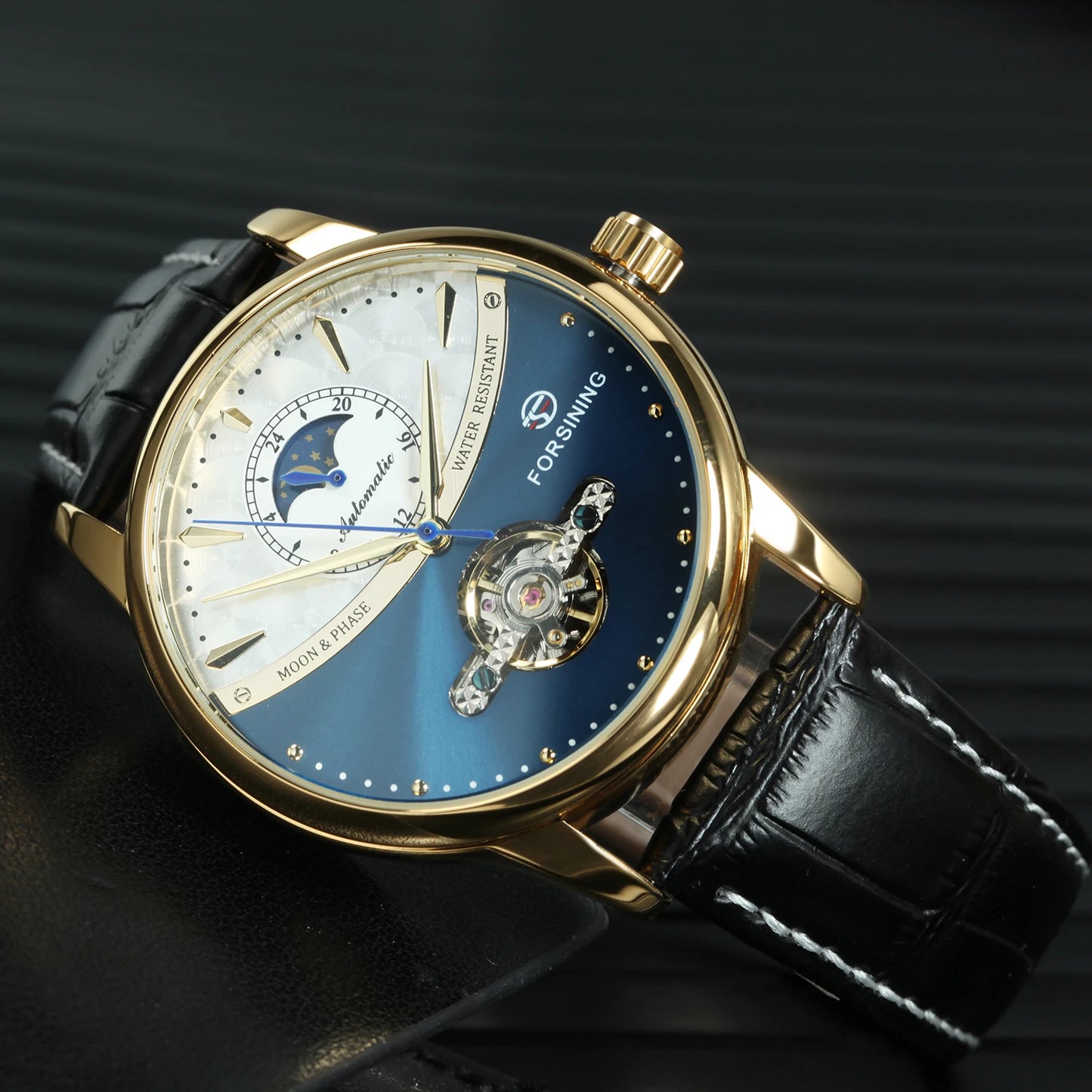 Excellence Luxury Gold Automatic Watch for Men Moon Phase Retro Brown Genuine Leather Belt Tourbillon Skeleton Mechanical Watch